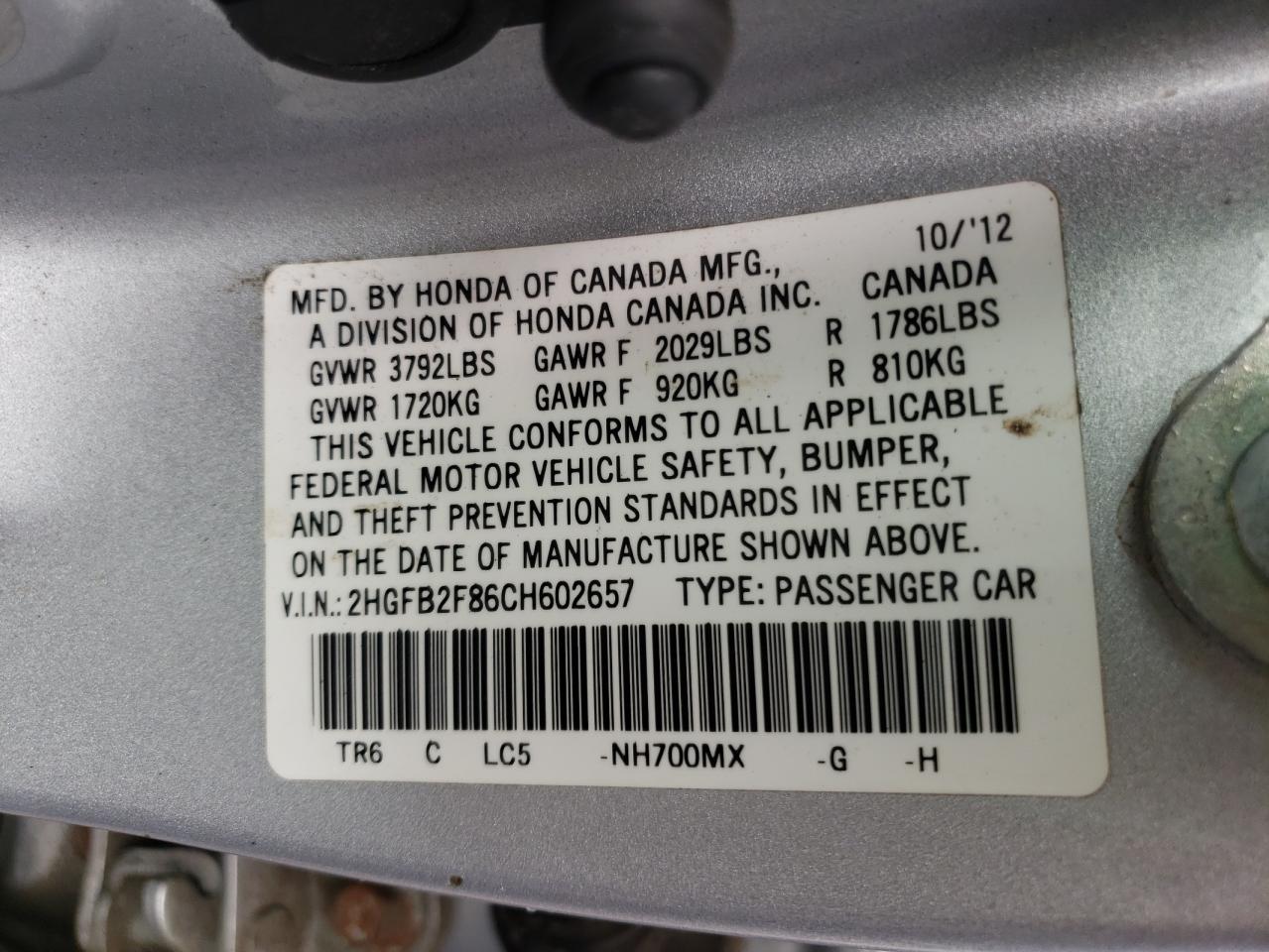 Photo 10 from auction – 2012 HONDA CIVIC EX with VIN 2HGFB2F86CH602657
