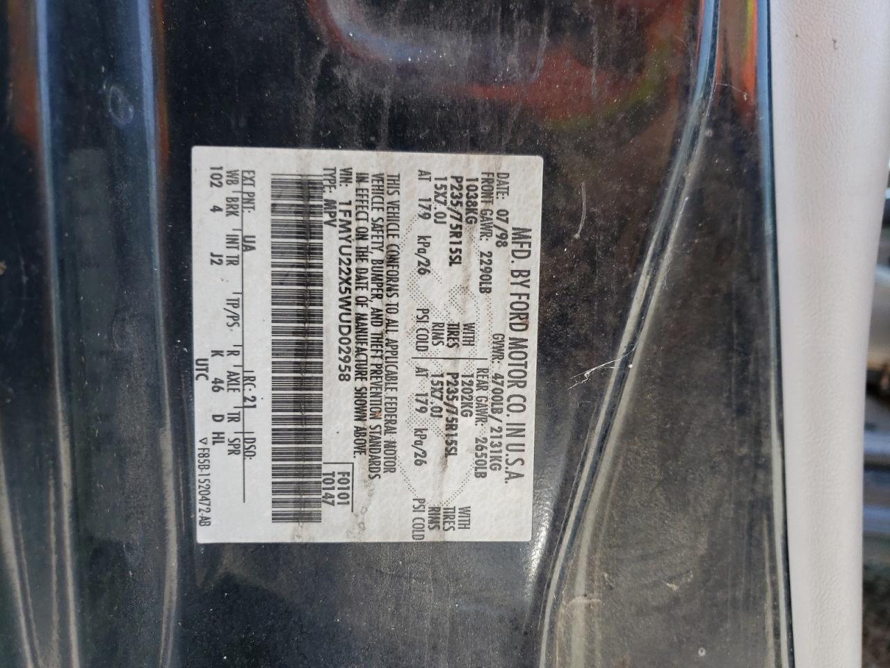 Photo 10 from auction – 1998 FORD EXPLORER with VIN 1FMYU22X5WUD02958