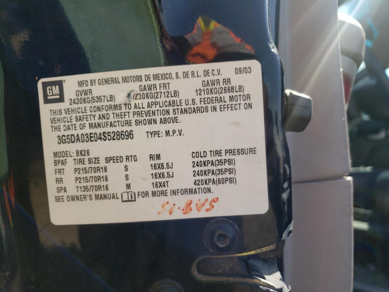 Photo 10 from auction – 2004 BUICK RENDEZVOUS with VIN 3G5DA03E04S528696