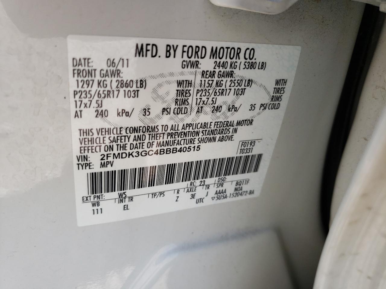 Photo 10 from auction – 2011 FORD EDGE SE with VIN 2FMDK3GC4BBB40515