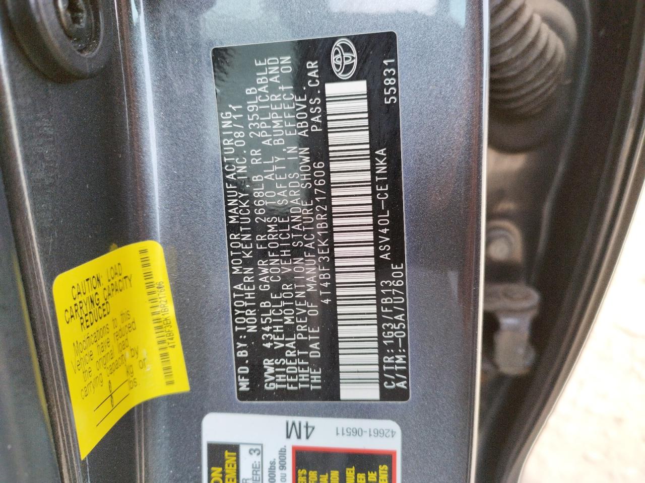 Photo 10 from auction – 2011 TOYOTA CAMRY BASE with VIN 4T4BF3EK1BR217606