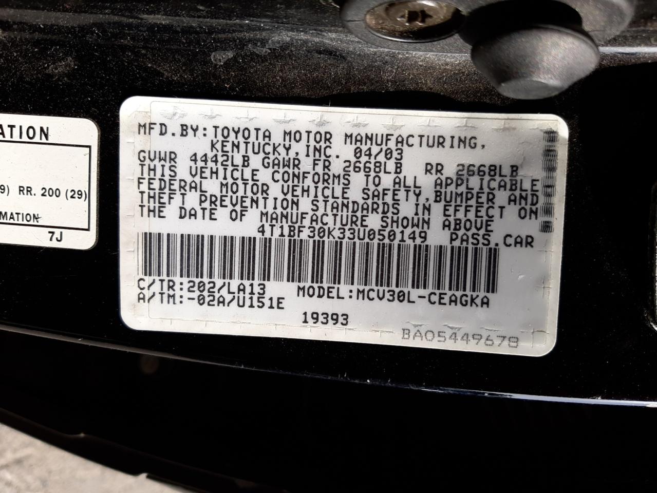 Photo 10 from auction – 2003 TOYOTA CAMRY LE with VIN 4T1BF30K33U050149