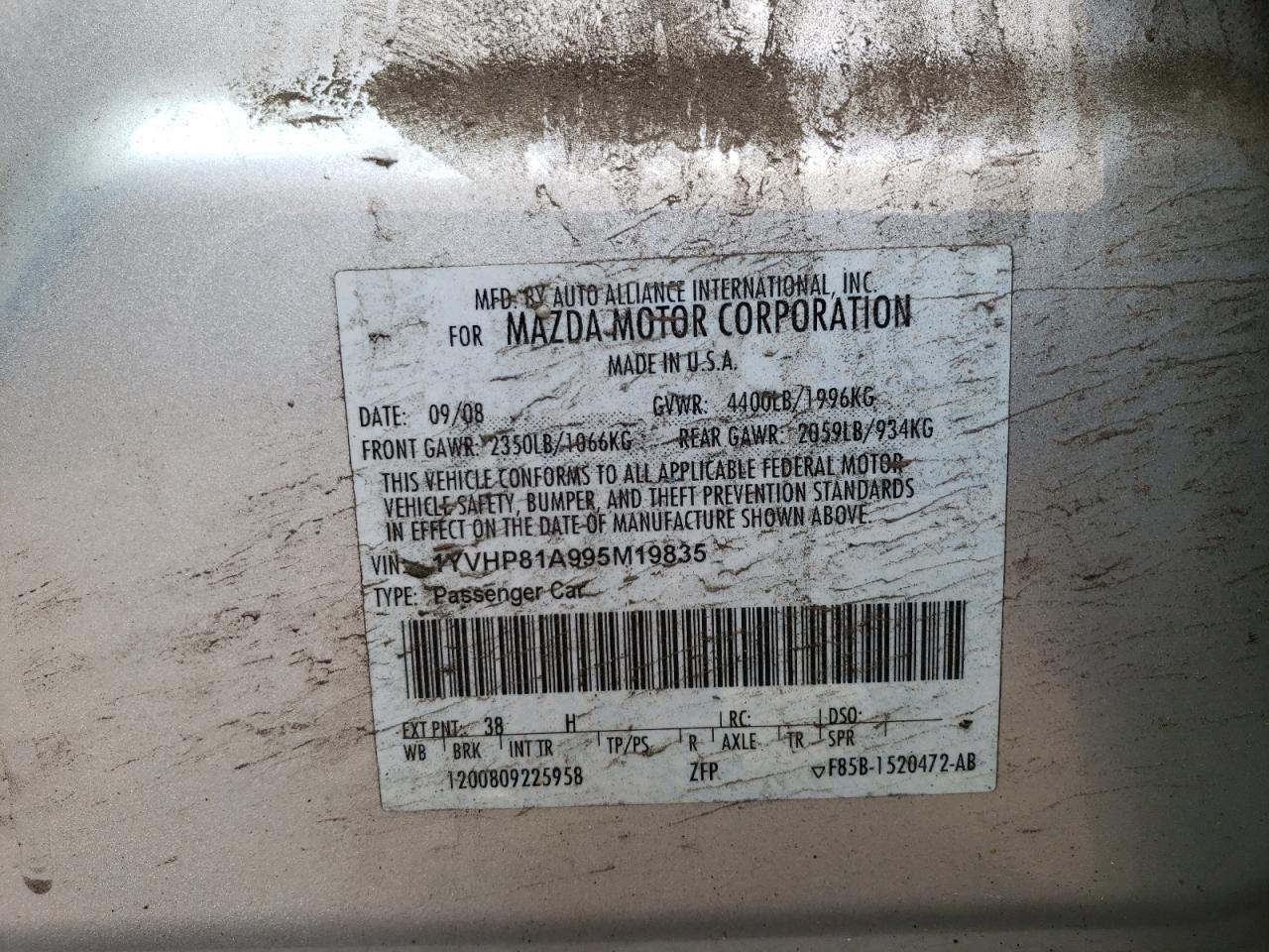 Photo 10 from auction – 2009 MAZDA 6 I with VIN 1YVHP81A995M19835