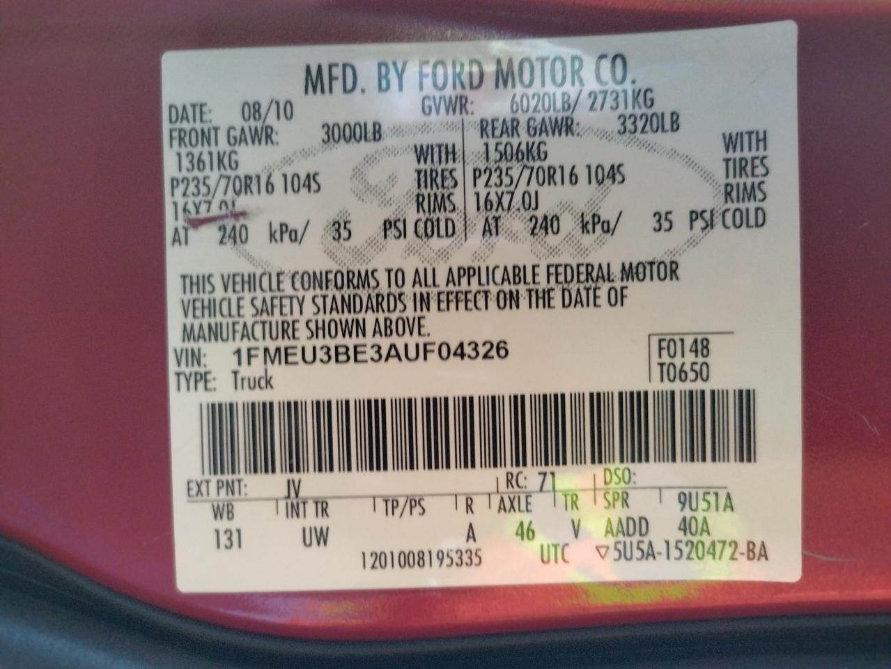 Zdjęcie 10 z aukcji – 2010 FORD EXPLORER S z VIN 1FMEU3BE3AUF04326