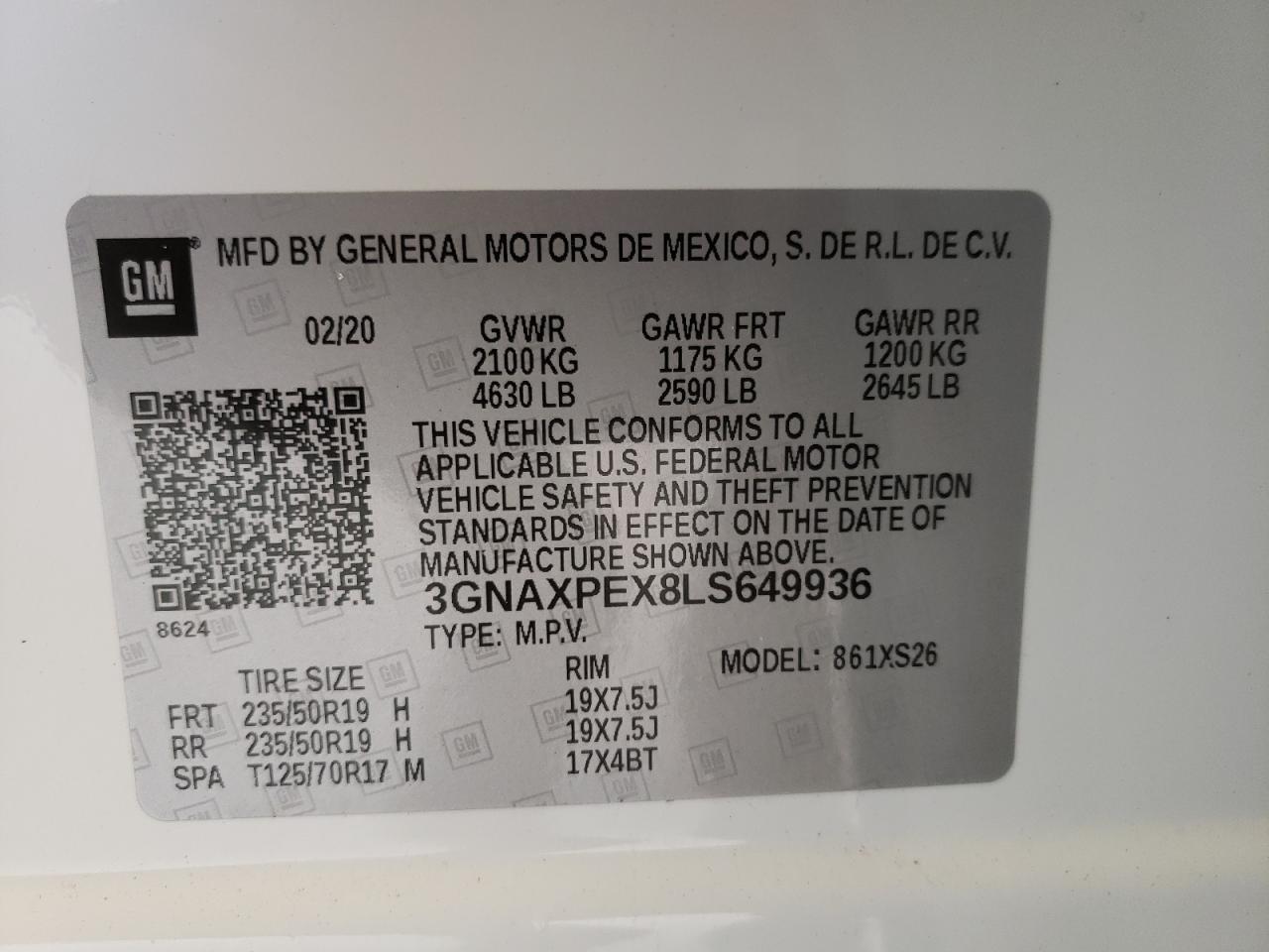 Photo 10 from auction – 2020 CHEVROLET EQUINOX PR with VIN 3GNAXPEX8LS649936