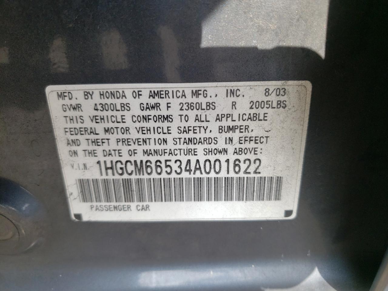 Photo 10 from auction – 2004 HONDA ACCORD EX with VIN 1HGCM66534A001622