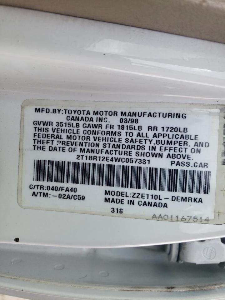 Photo 10 from auction – 1998 TOYOTA COROLLA VE with VIN 2T1BR12E4WC057331