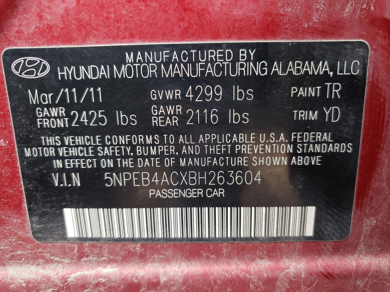 Photo 10 from auction – 2011 HYUNDAI SONATA GLS with VIN 5NPEB4ACXBH263604