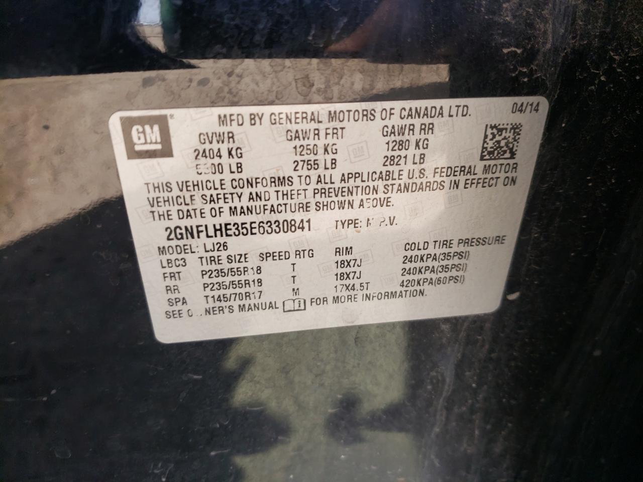 Photo 10 from auction – 2014 CHEVROLET EQUINOX LT with VIN 2GNFLHE35E6330841
