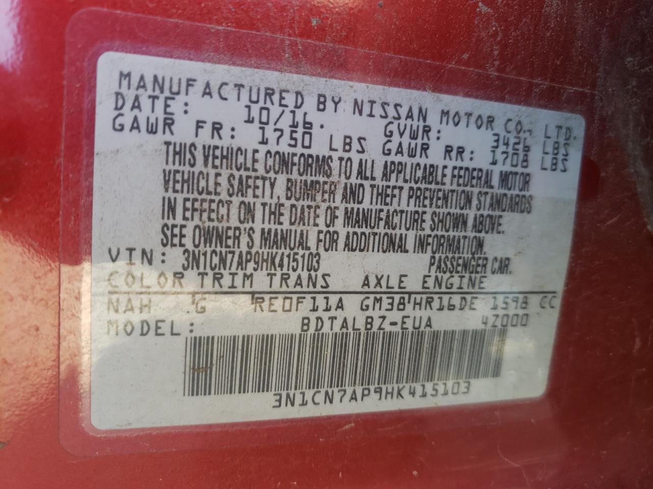 Photo 10 from auction – 2017 NISSAN VERSA S with VIN 3N1CN7AP9HK415103