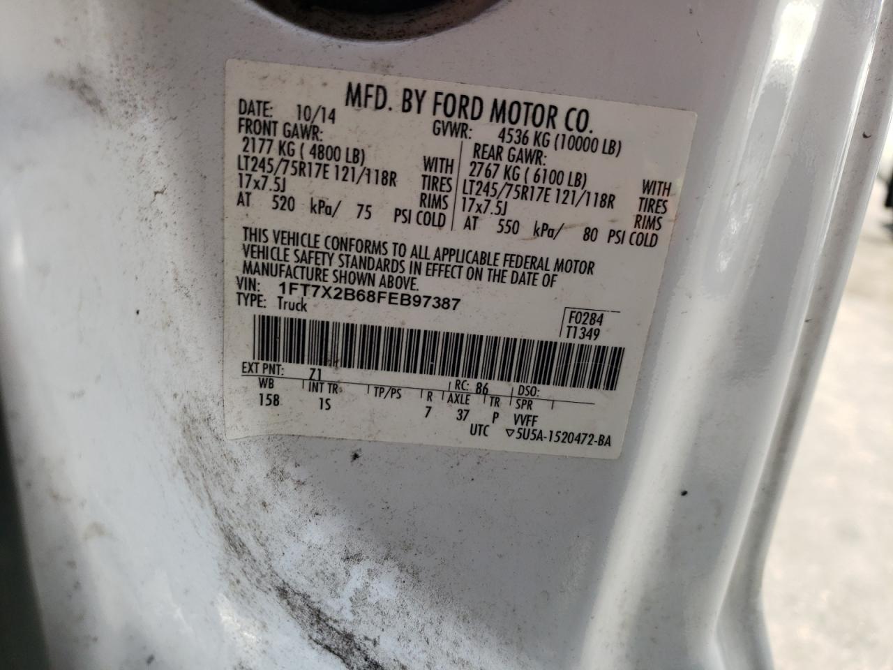 Foto 10 de la subasta – 2015 FORD F250 SUPER con VIN 1FT7X2B68FEB97387