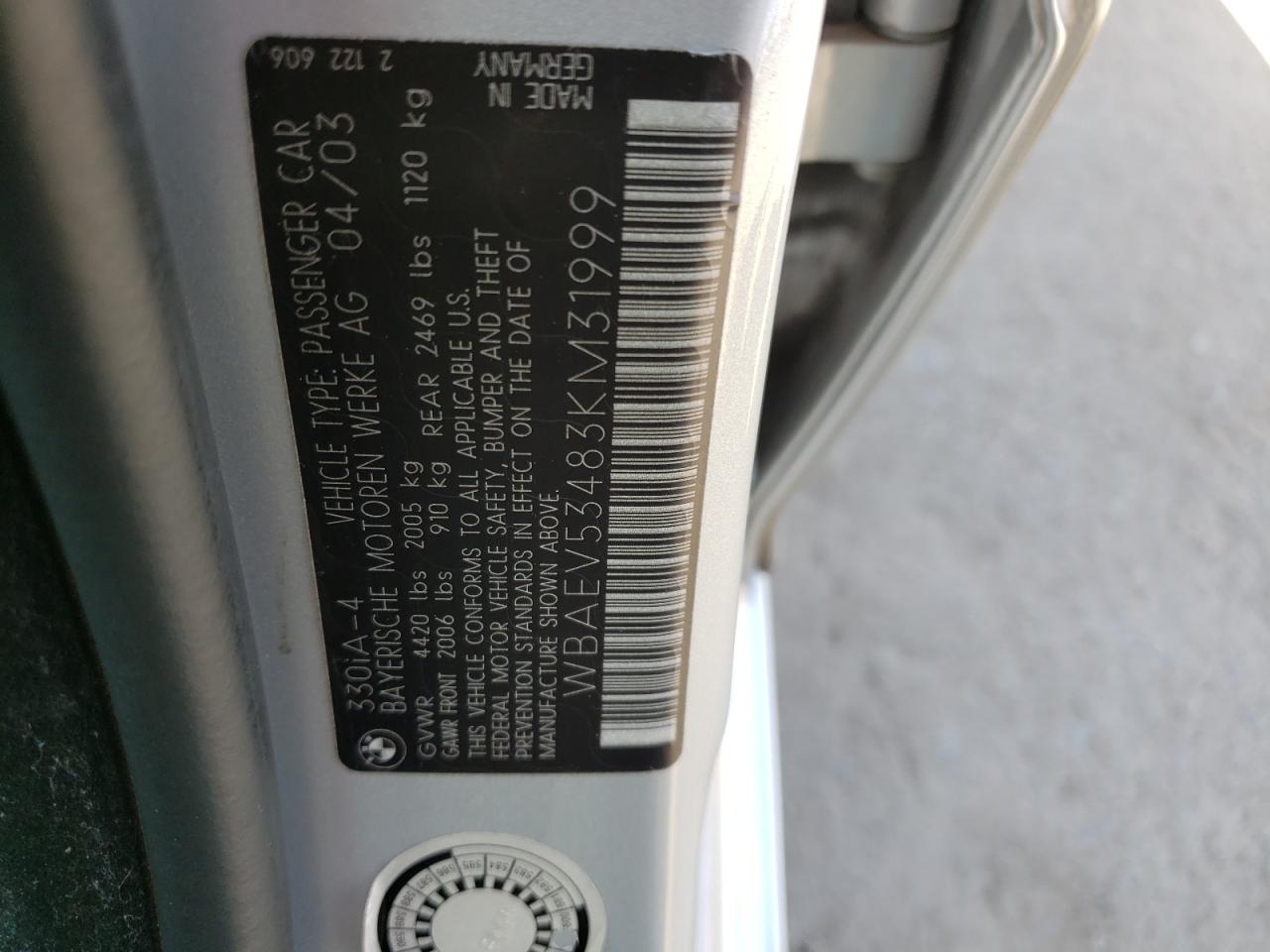 Photo 10 from auction – 2003 BMW 330 I with VIN WBAEV53483KM31999
