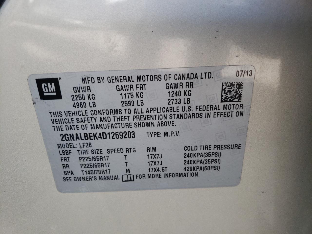 Photo 10 from auction – 2013 CHEVROLET EQUINOX LS with VIN 2GNALBEK4D1269203