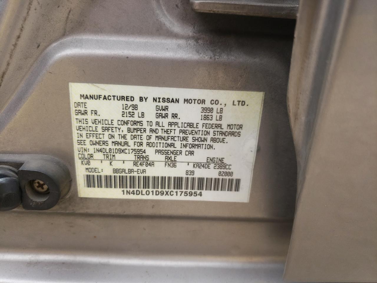 Photo 10 from auction – 1999 NISSAN ALTIMA XE with VIN 1N4DL01D9XC175954