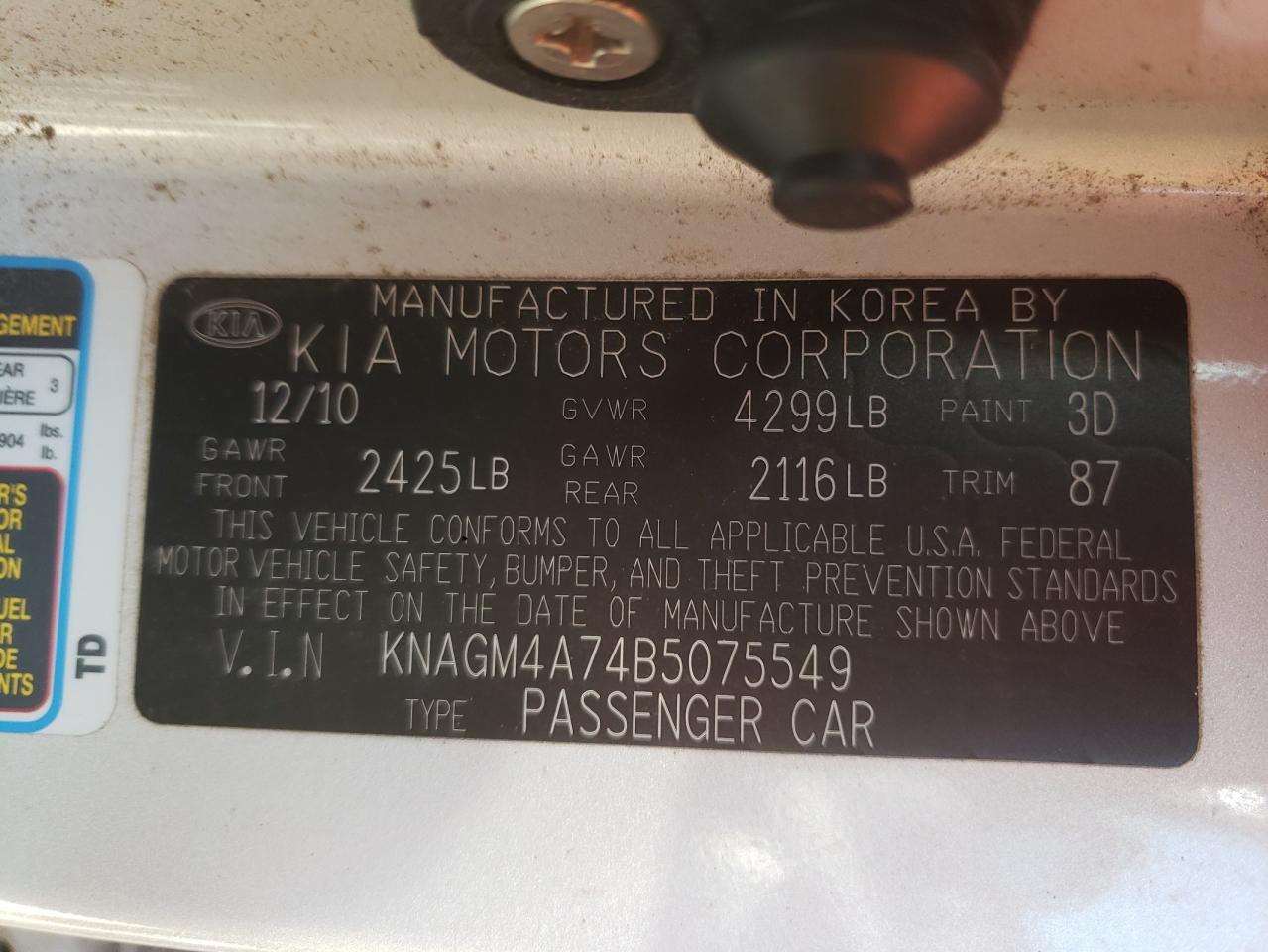 Photo 10 from auction – 2011 KIA OPTIMA LX with VIN KNAGM4A74B5075549
