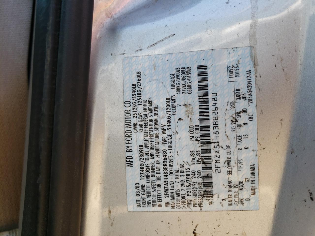Photo 10 from auction – 2003 FORD WINDSTAR L with VIN 2FMZA51483BB26480