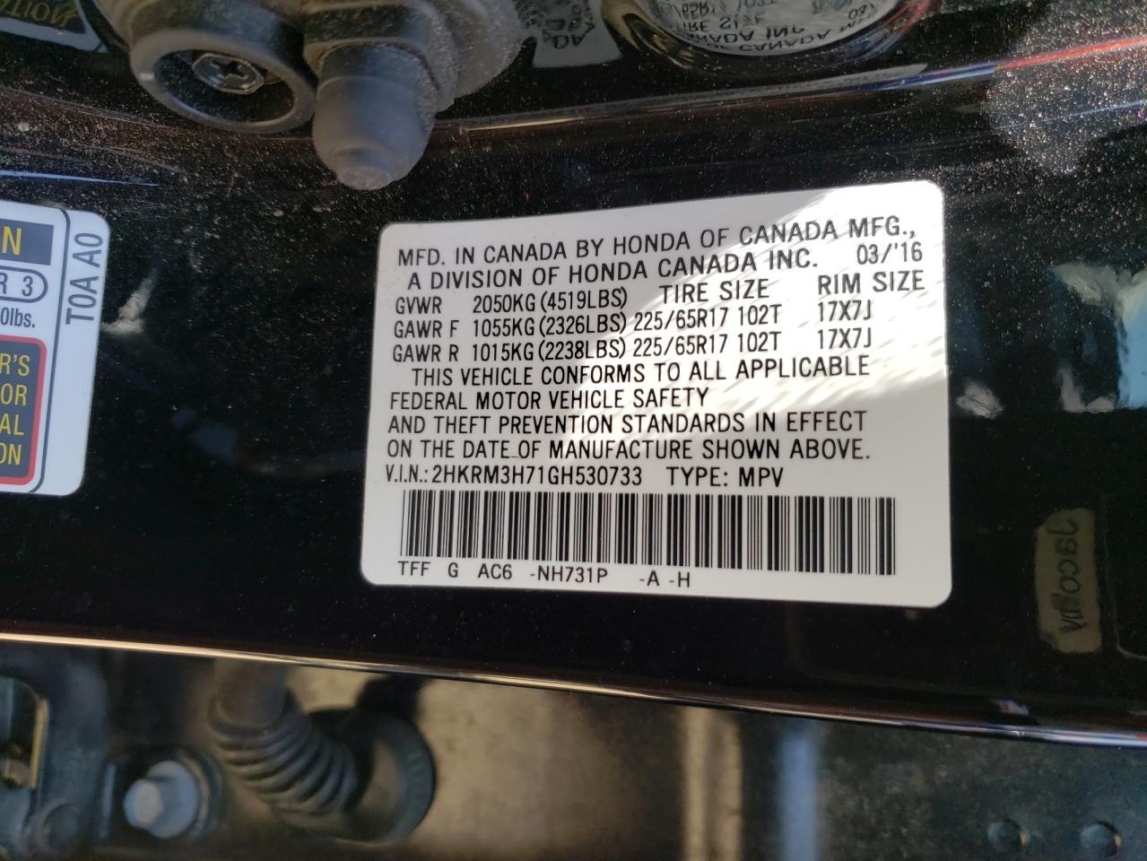 Photo 10 from auction – 2016 HONDA CR-V EXL with VIN 2HKRM3H71GH530733