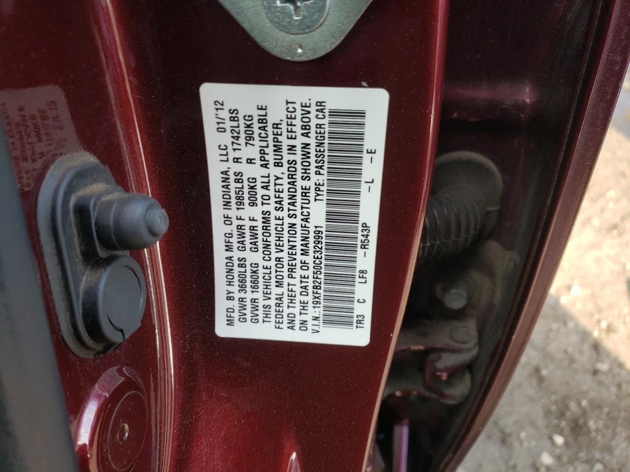 Photo 20 from auction – 2012 HONDA CIVIC LX with VIN 19XFB2F50CE329991
