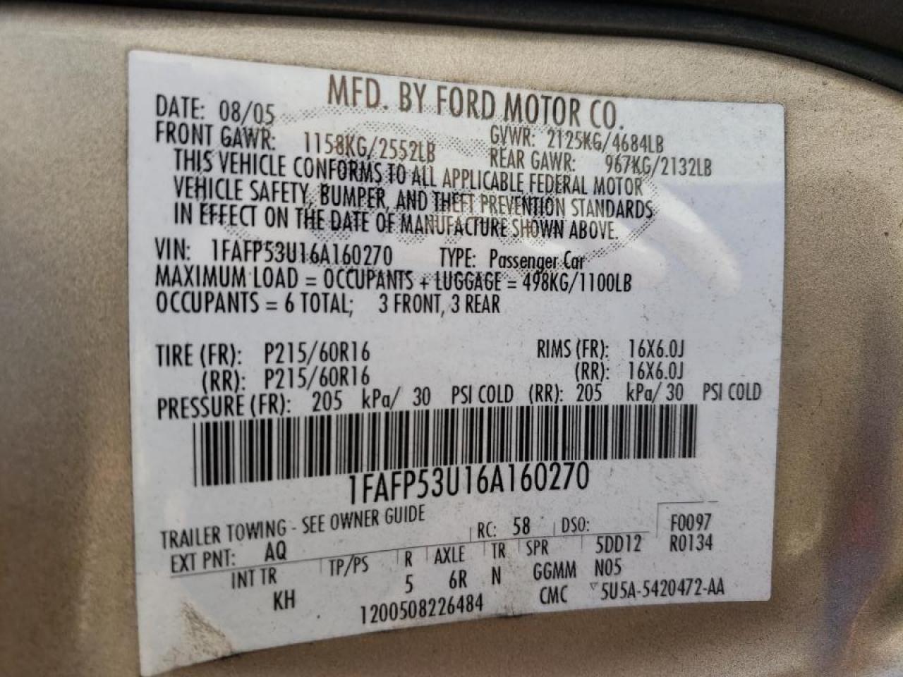 Photo 10 from auction – 2006 FORD TAURUS SE with VIN 1FAFP53U16A160270