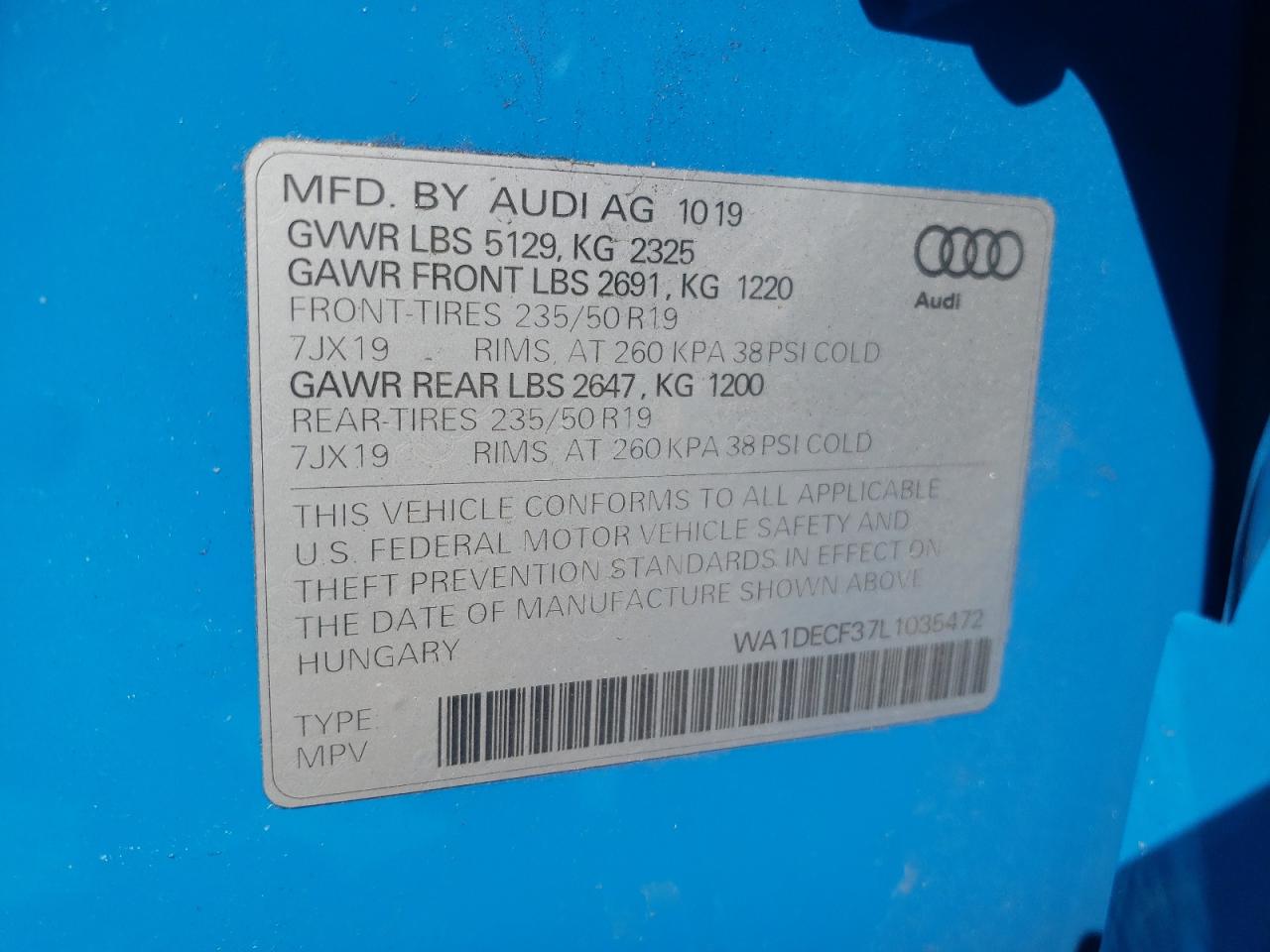 Photo 10 from auction – 2020 AUDI Q3 PREMIUM with VIN WA1DECF37L1035472