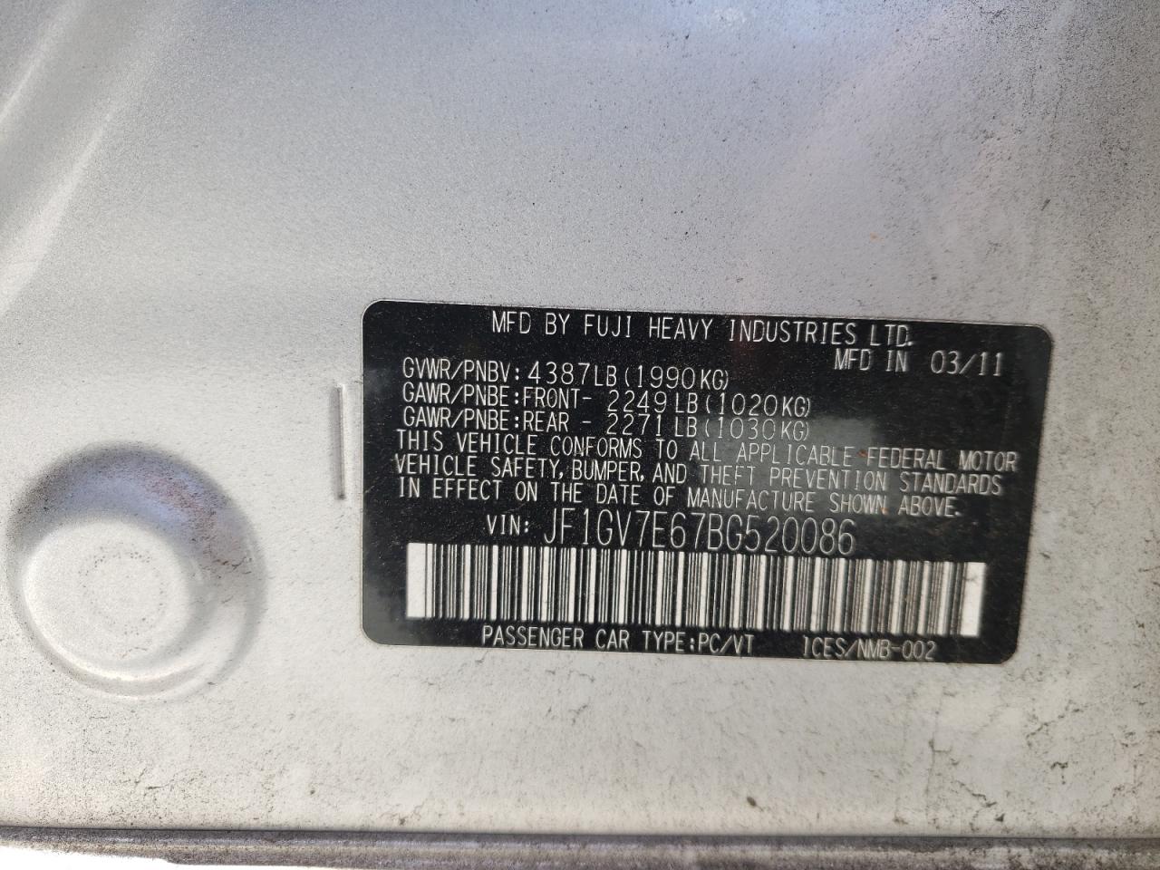 Photo 10 from auction – 2011 SUBARU IMPREZA WR with VIN JF1GV7E67BG520086