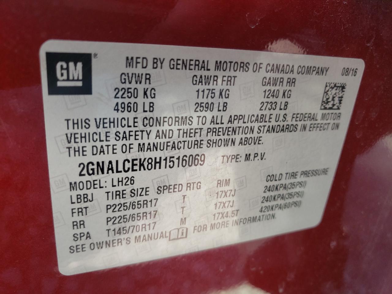 Photo 10 from auction – 2017 CHEVROLET EQUINOX LT with VIN 2GNALCEK8H1516069