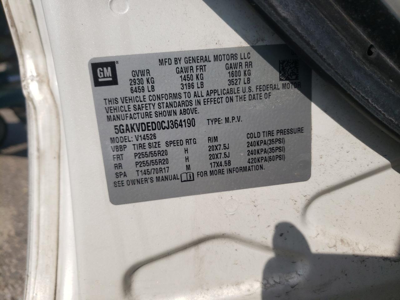 Photo 10 from auction – 2012 BUICK ENCLAVE with VIN 5GAKVDED0CJ364190