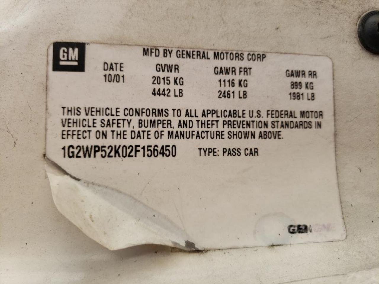Photo 10 from auction – 2002 PONTIAC GRAND PRIX with VIN 1G2WP52K02F156450