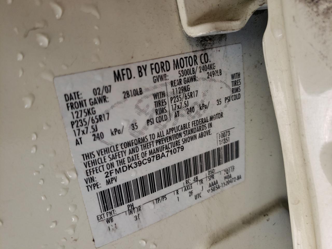 Photo 10 from auction – 2007 FORD EDGE SEL P with VIN 2FMDK39C97BA71079