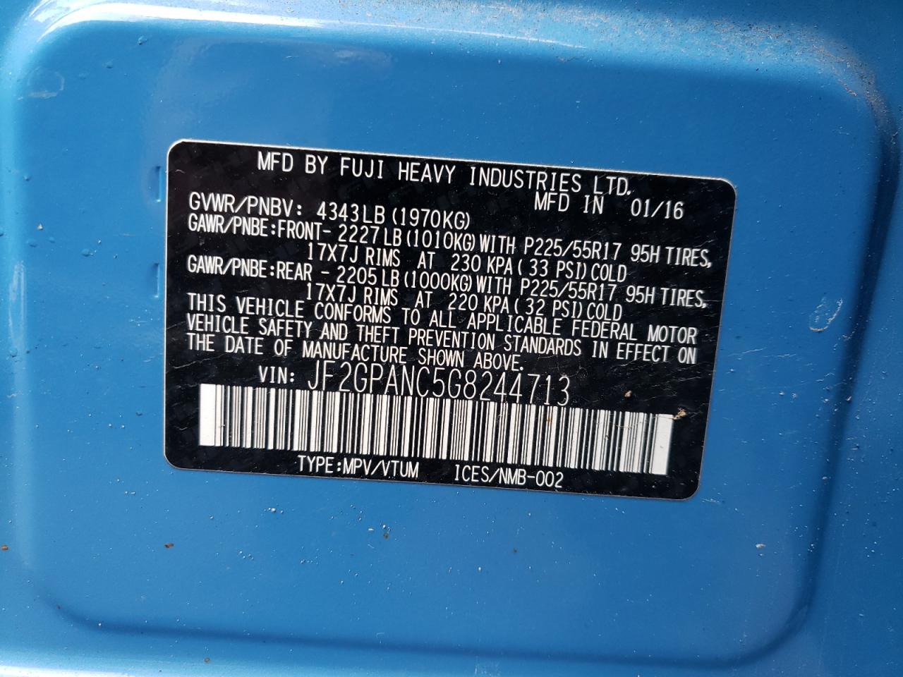Photo 10 from auction – 2016 SUBARU CROSSTREK with VIN JF2GPANC5G8244713