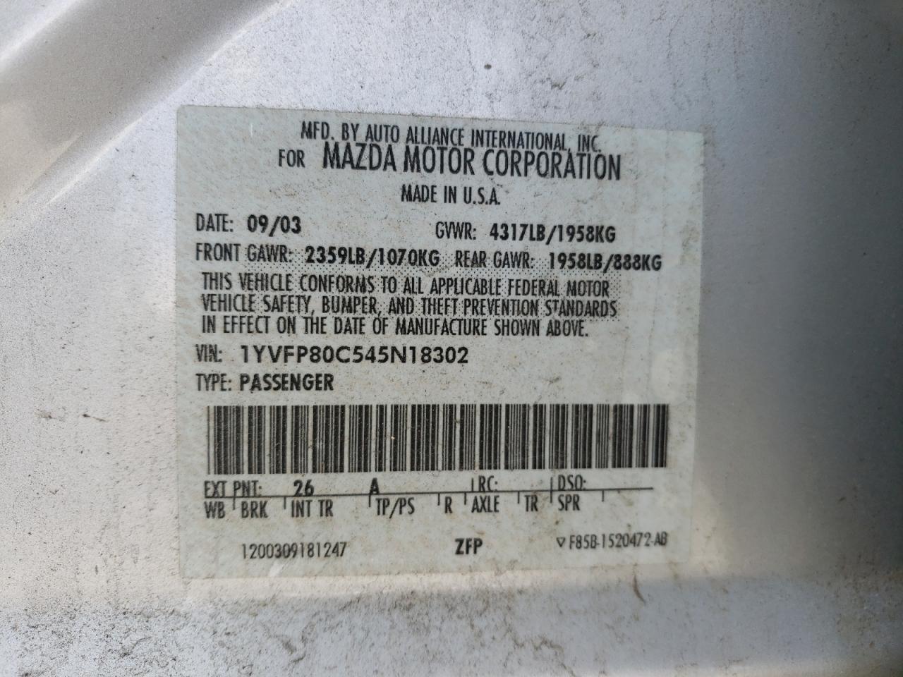 Photo 10 from auction – 2004 MAZDA 6 I with VIN 1YVFP80C545N18302