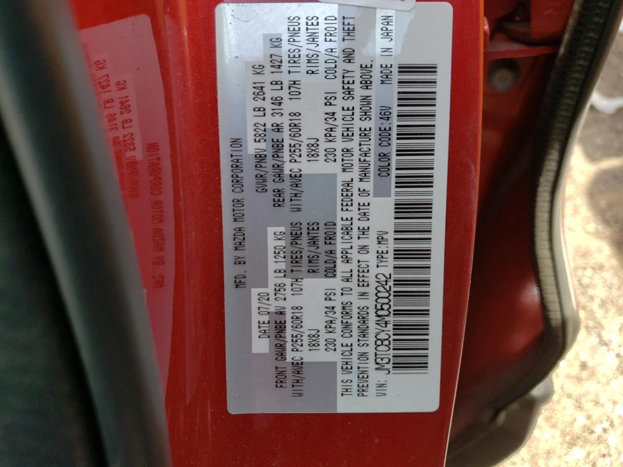 Photo 10 from auction – 2021 MAZDA CX-9 TOURI with VIN JM3TCBCY4M0500242