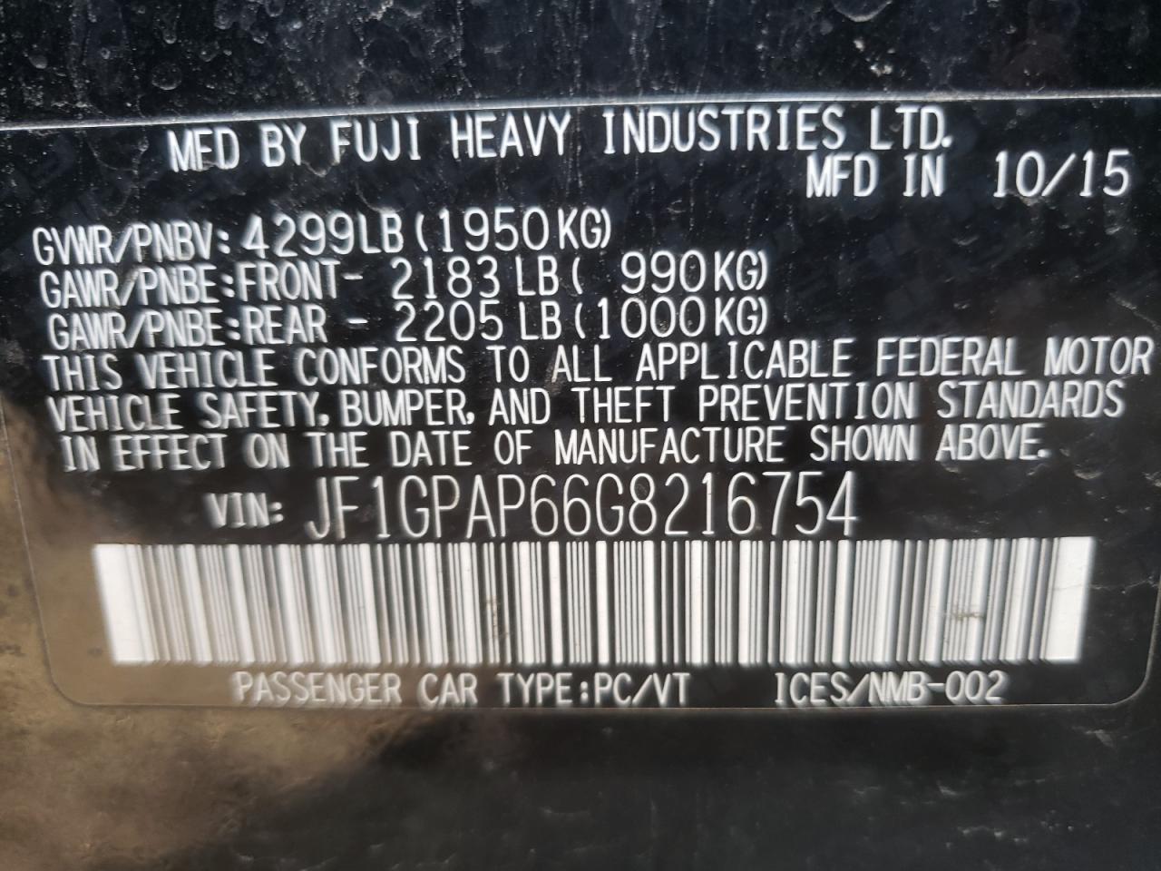 Photo 10 from auction – 2016 SUBARU IMPREZA SP with VIN JF1GPAP66G8216754