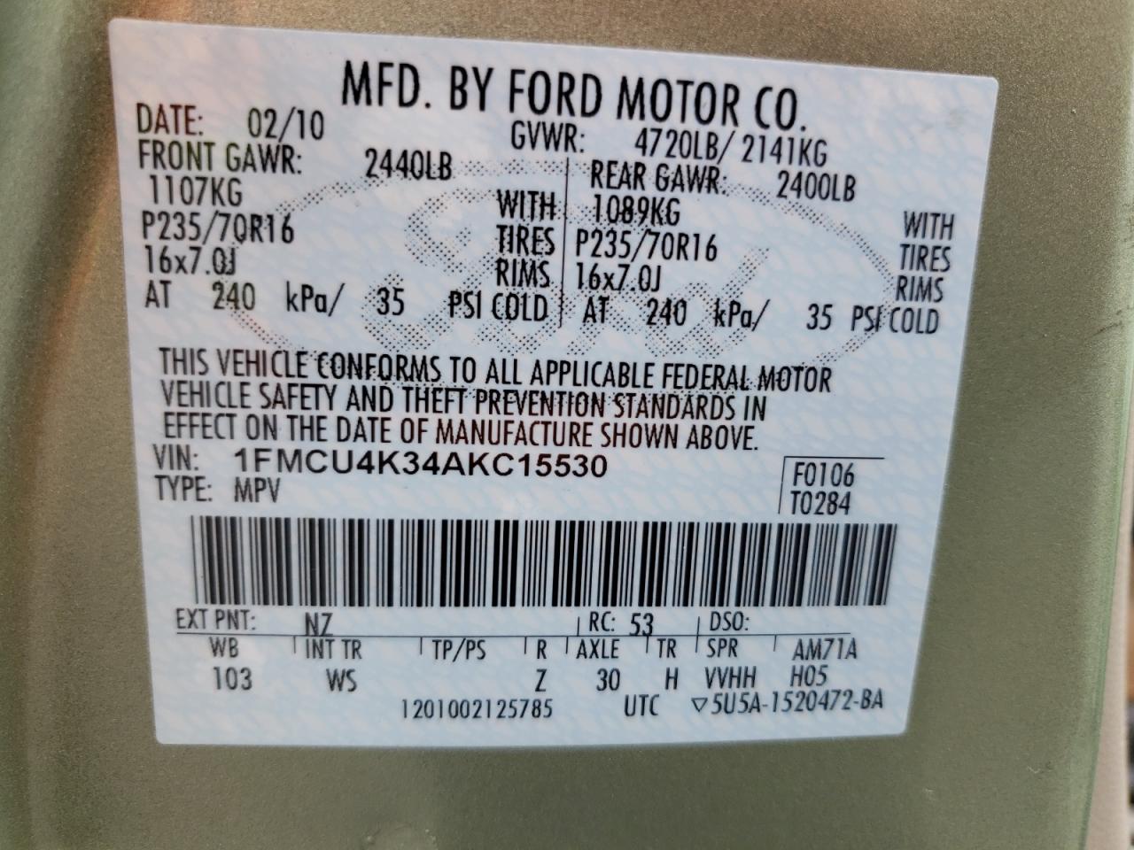 Photo 10 from auction – 2010 FORD ESCAPE HYB with VIN 1FMCU4K34AKC15530