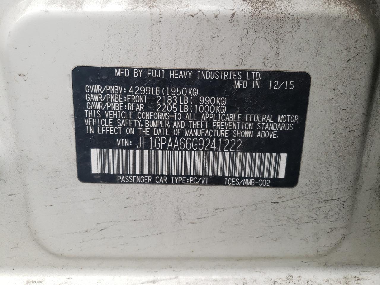 Photo 10 from auction – 2016 SUBARU IMPREZA with VIN JF1GPAA66G9241222