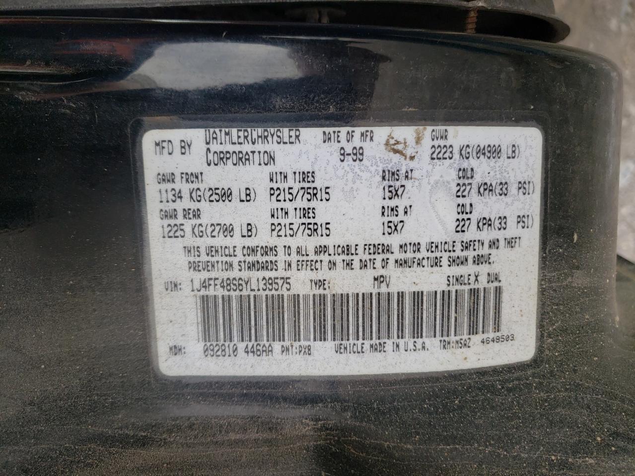 Photo 10 from auction – 2000 JEEP CHEROKEE S with VIN 1J4FF48S6YL139575