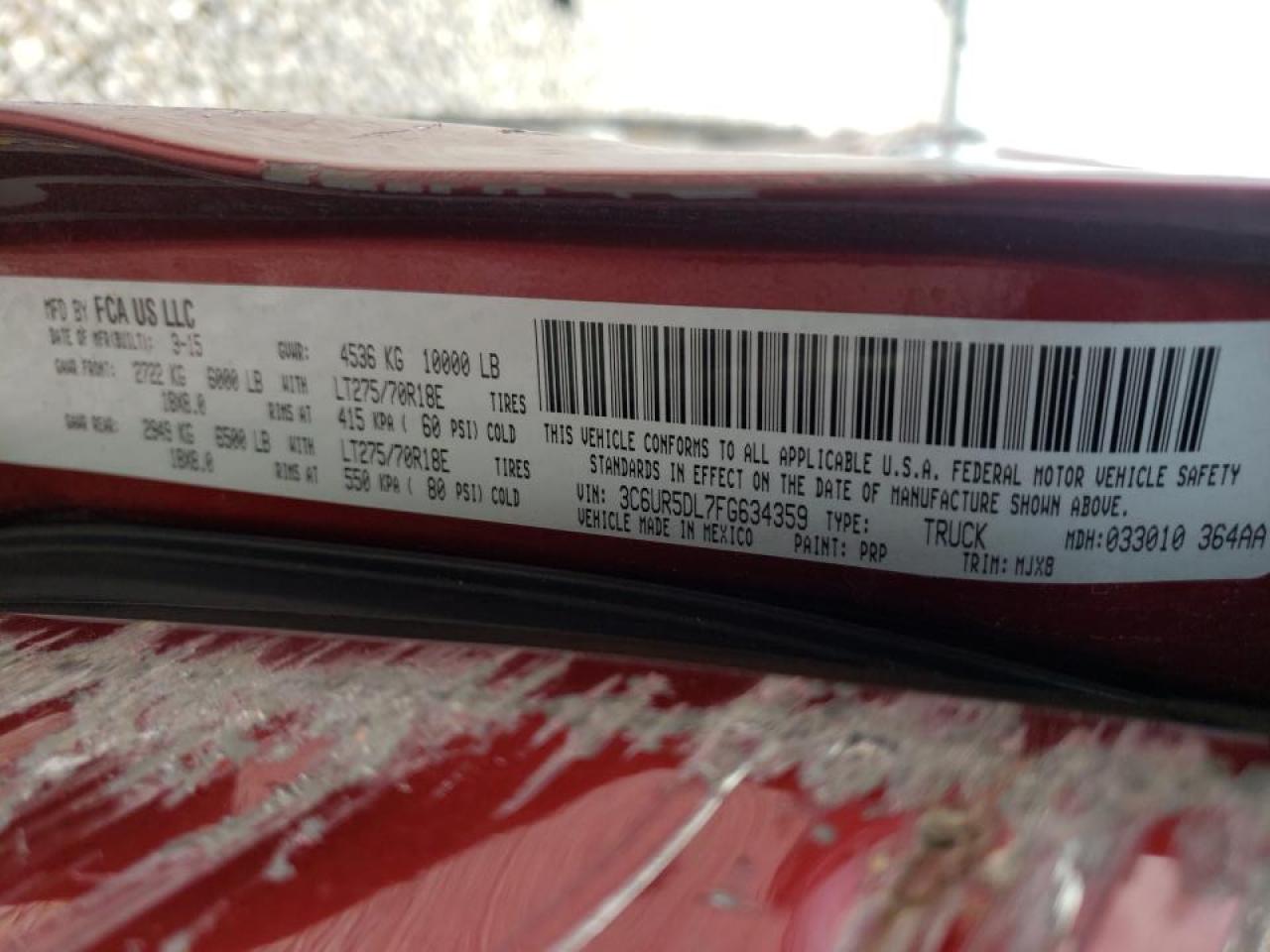 Photo 10 from auction – 2015 RAM 2500 SLT with VIN 3C6UR5DL7FG634359