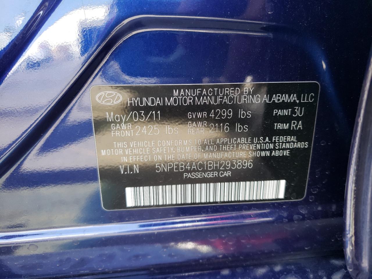Photo 10 from auction – 2011 HYUNDAI SONATA GLS with VIN 5NPEB4AC1BH293896
