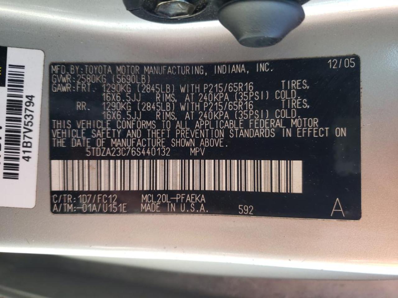 Photo 10 from auction – 2006 TOYOTA SIENNA CE with VIN 5TDZA23C76S440132