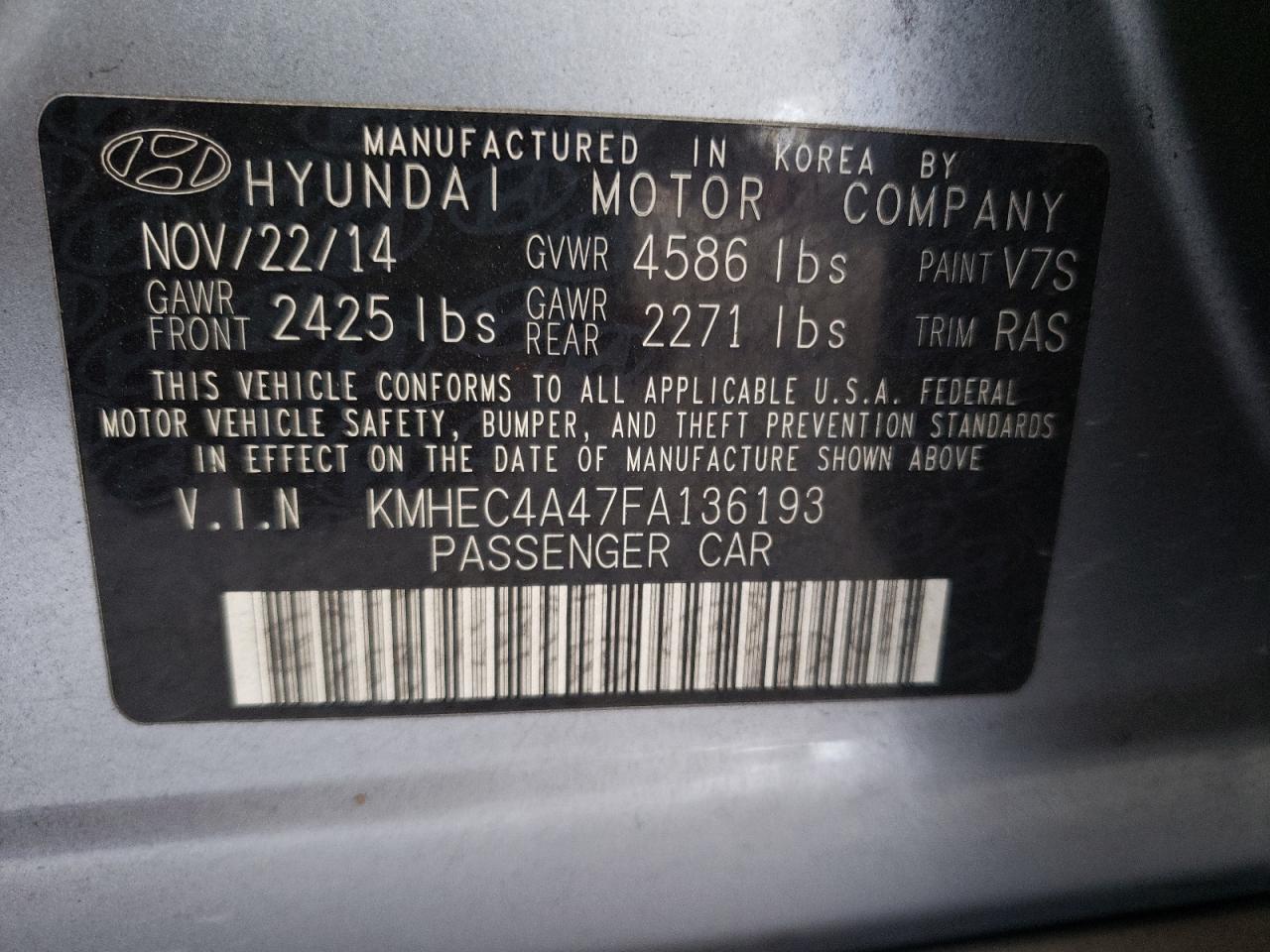 Photo 10 from auction – 2015 HYUNDAI SONATA HYB with VIN KMHEC4A47FA136193