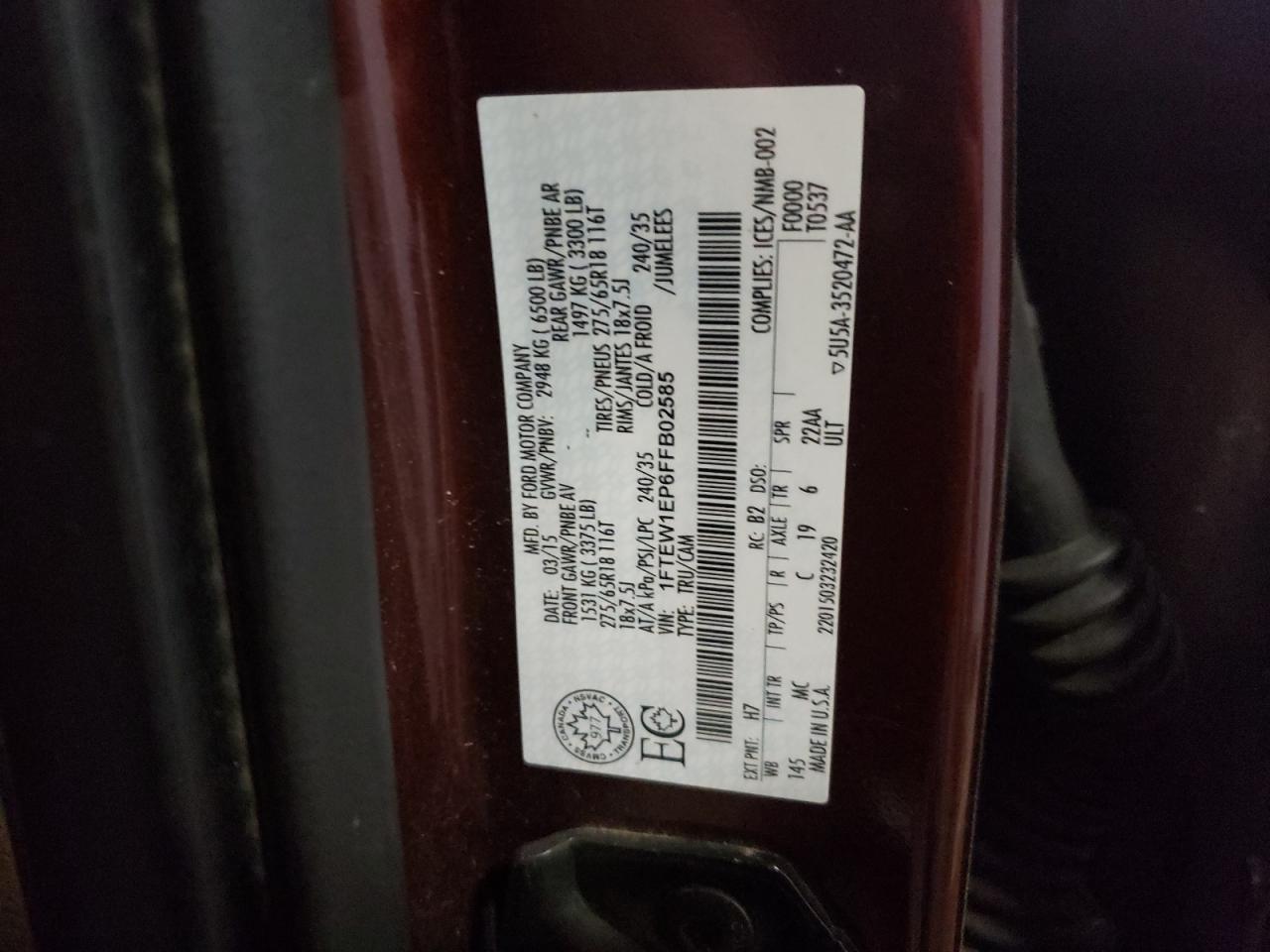 Photo 10 from auction – 2015 FORD F150 SUPER with VIN 1FTEW1EP6FFB02585