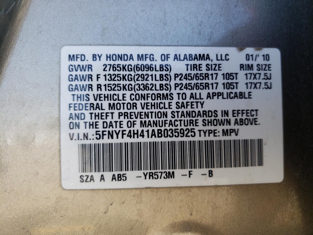Photo 10 from auction – 2010 HONDA PILOT EX with VIN 5FNYF4H41AB035925