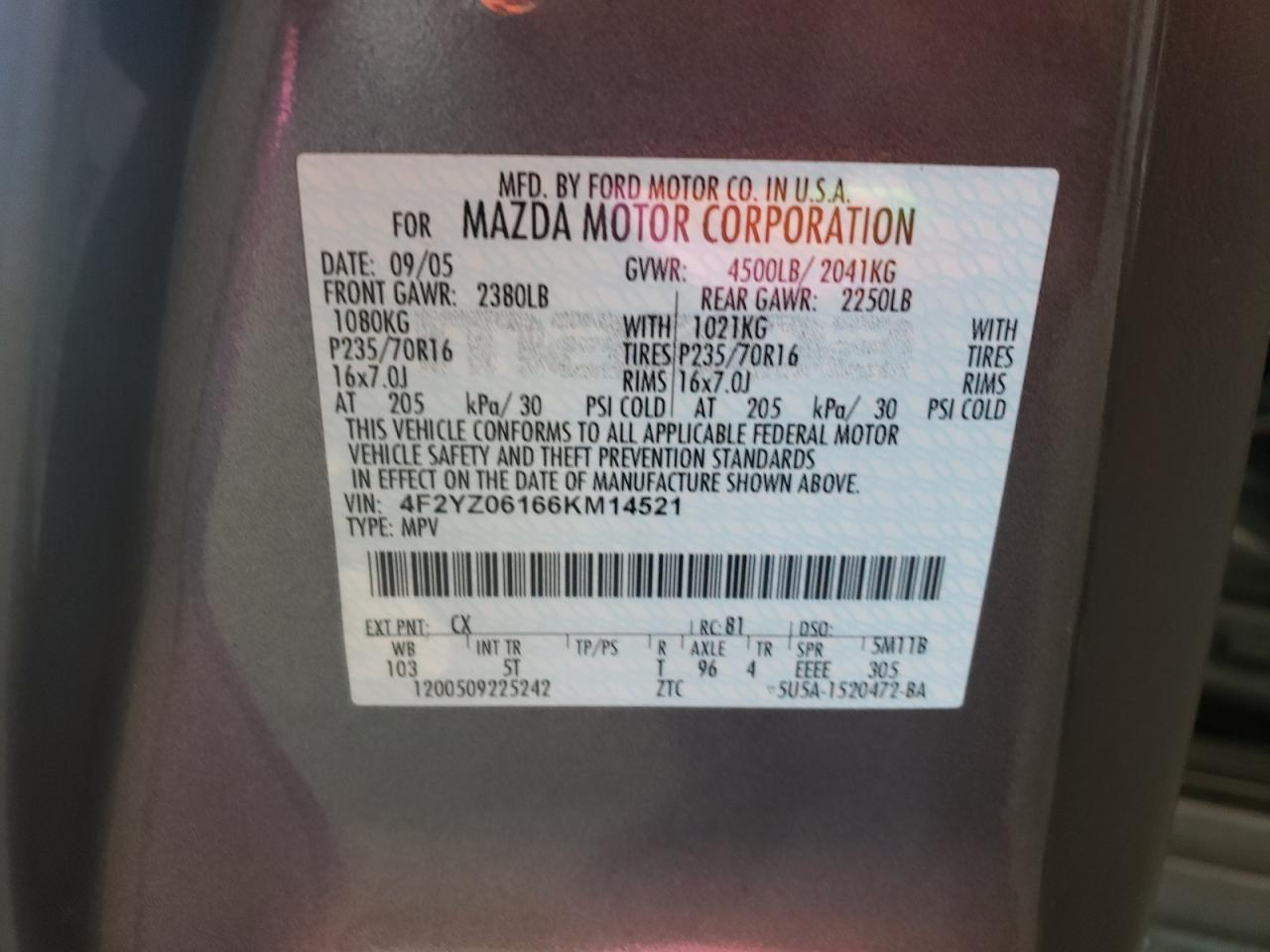 Photo 10 from auction – 2006 MAZDA TRIBUTE S with VIN 4F2YZ06166KM14521
