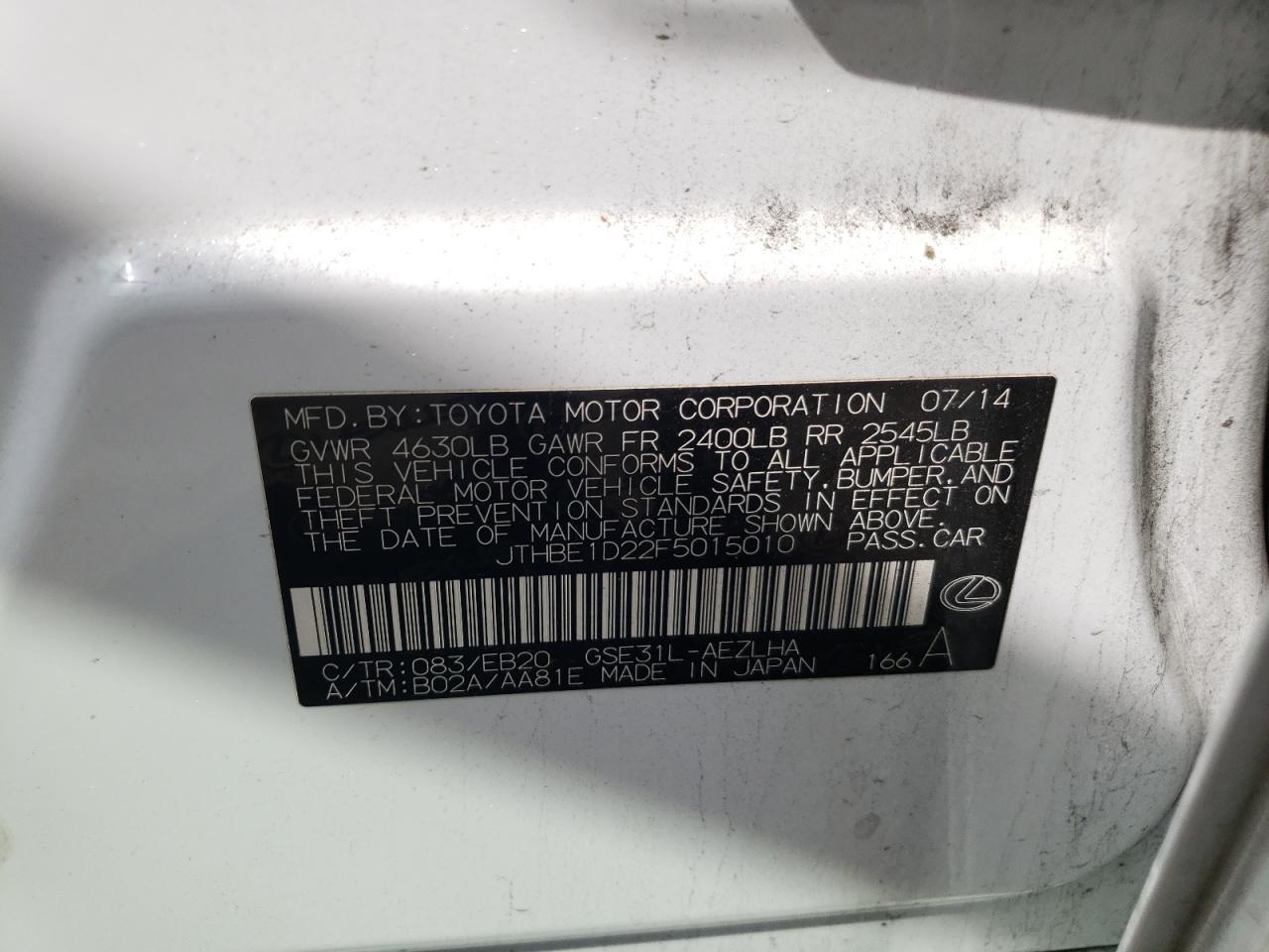 Photo 11 from auction – 2015 LEXUS IS 350 with VIN JTHBE1D22F5015010