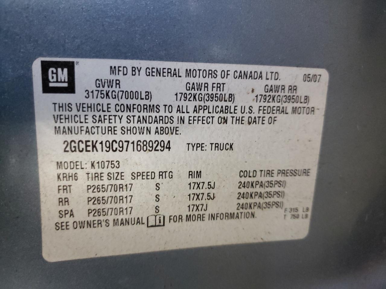 Photo 10 from auction – 2007 CHEVROLET SILVERADO with VIN 2GCEK19C971689294