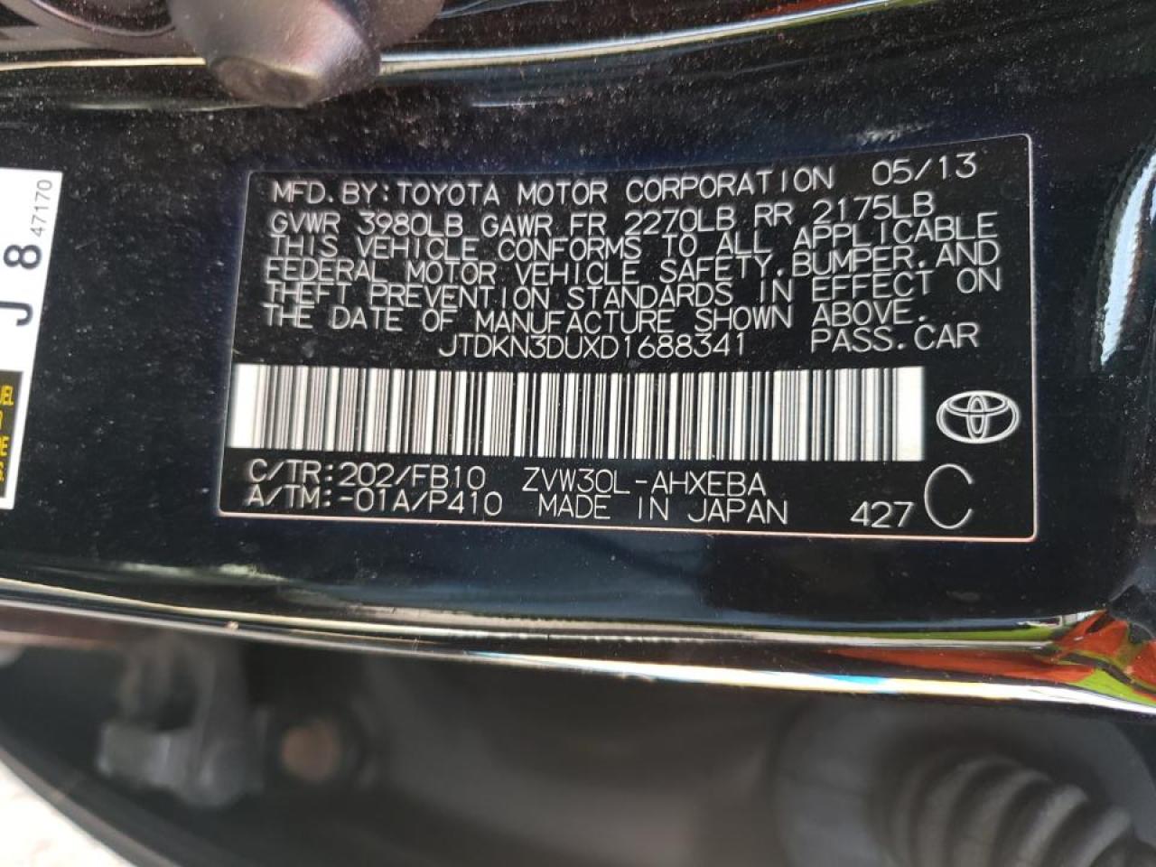 Photo 10 from auction – 2013 TOYOTA PRIUS with VIN JTDKN3DUXD1688341