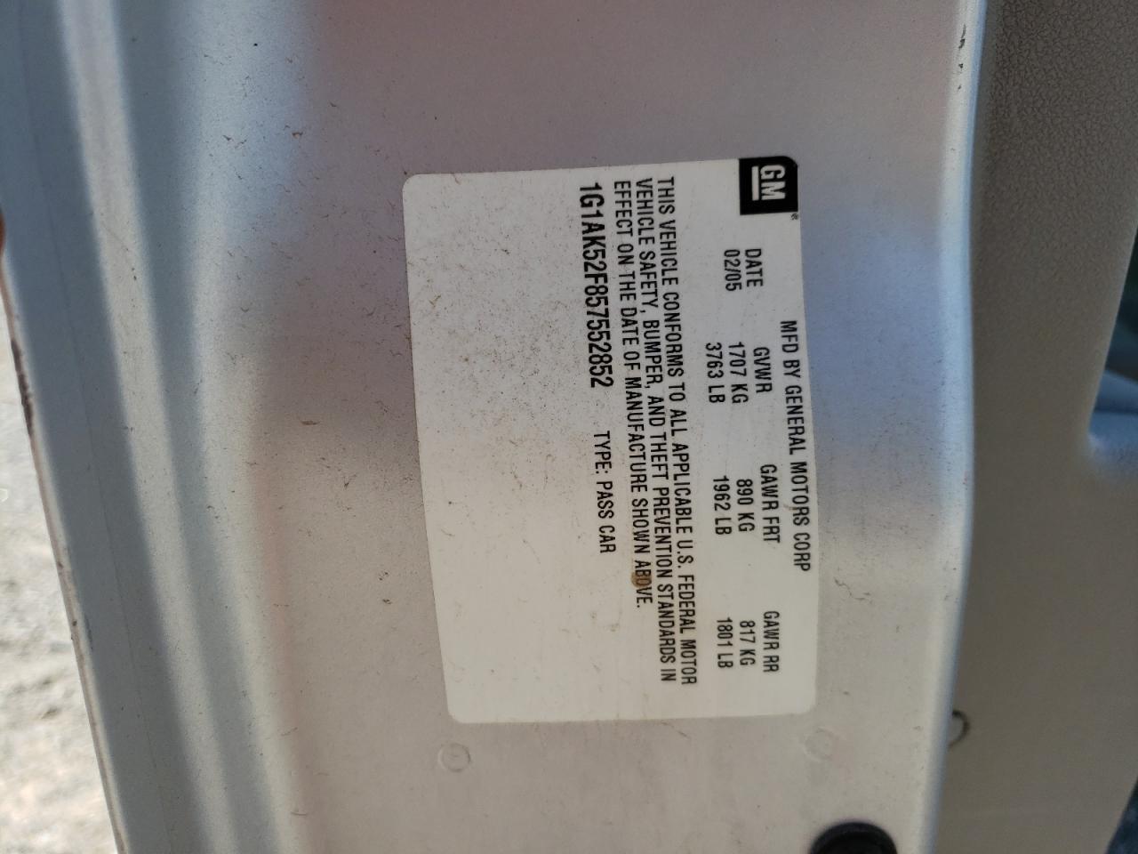 Photo 10 from auction – 2005 CHEVROLET COBALT with VIN 1G1AK52F857552852