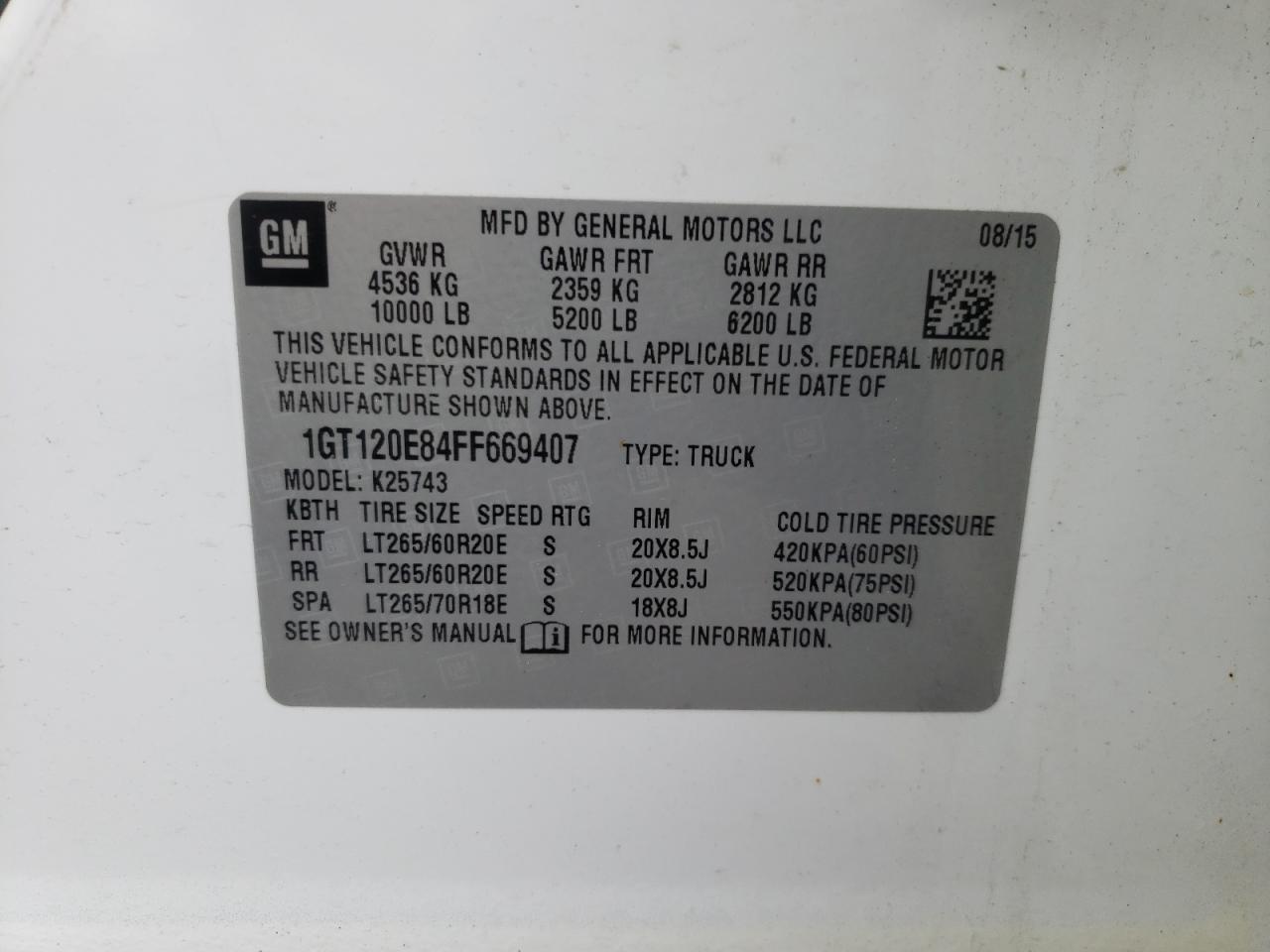Photo 10 from auction – 2015 GMC SIERRA K25 with VIN 1GT120E84FF669407