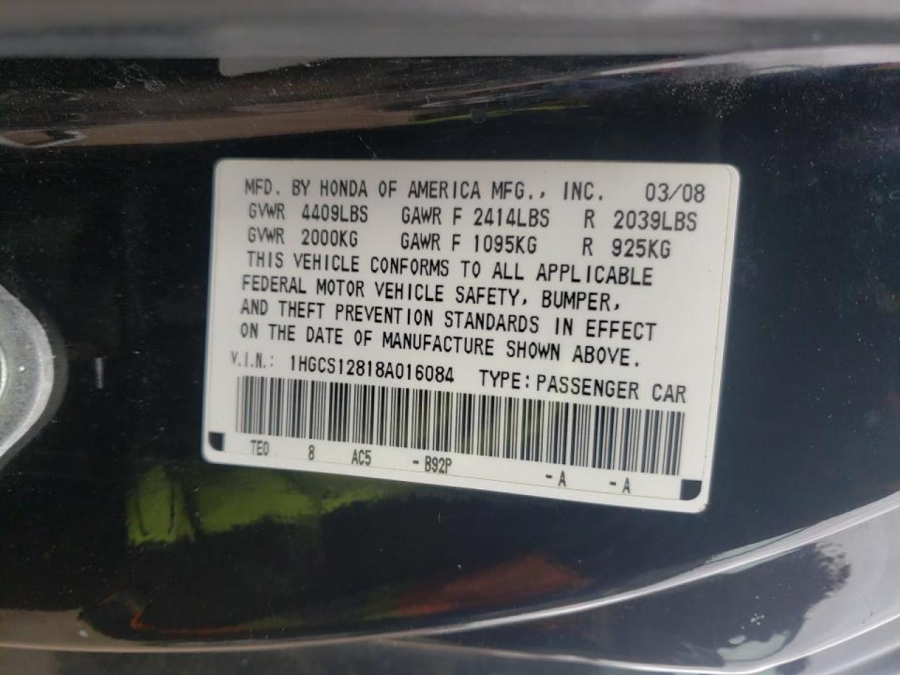 Photo 10 from auction – 2008 HONDA ACCORD EXL with VIN 1HGCS12818A016084