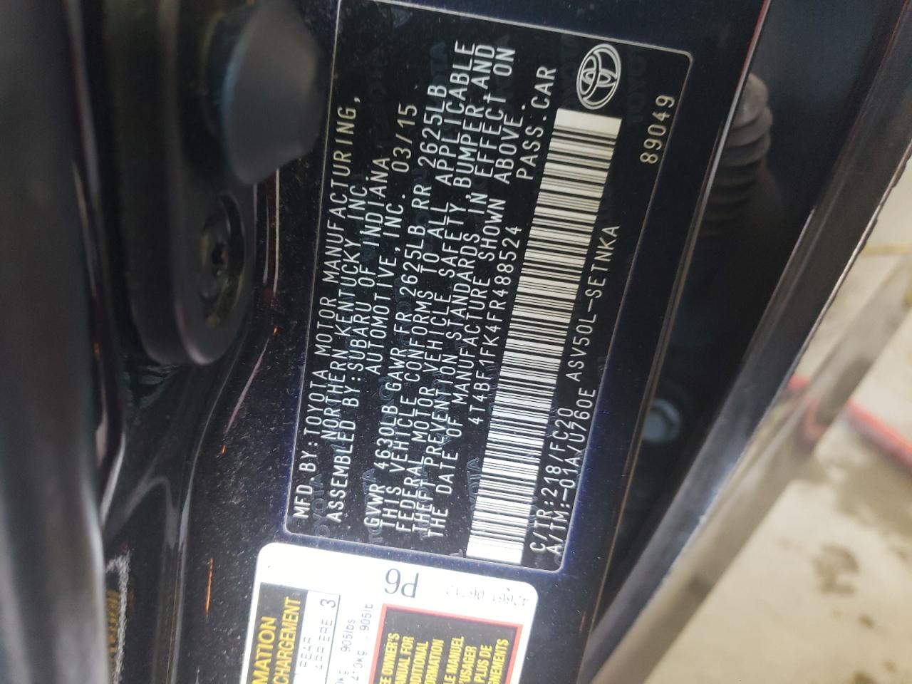 Photo 10 from auction – 2015 TOYOTA CAMRY LE with VIN 4T4BF1FK4FR488524